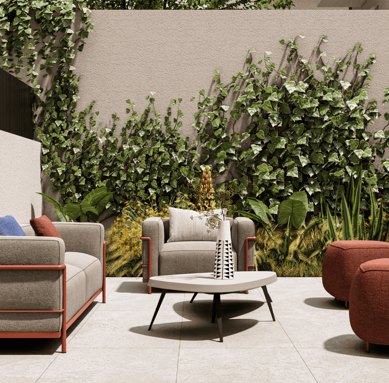 Outdoor patio with contemporary furniture and vibrant plants in Athens, Greece.
