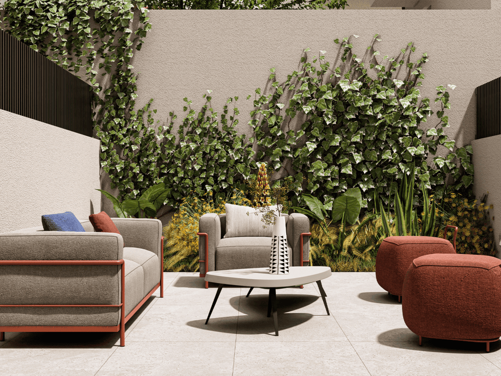 Outdoor patio with contemporary furniture and vibrant plants in Athens, Greece.
