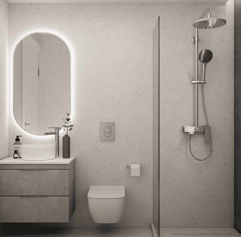 Bright Athens bathroom featuring a sleek shower and contemporary vanity. Perfect for stylish city li.