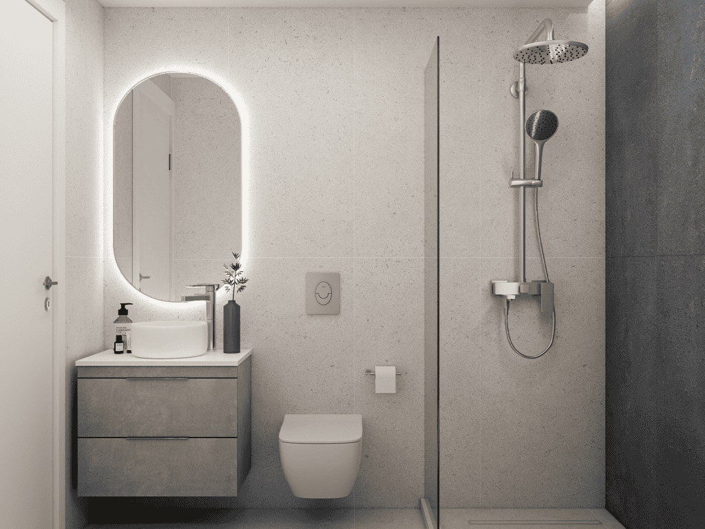 Bright Athens bathroom featuring a sleek shower and contemporary vanity. Perfect for stylish city li.