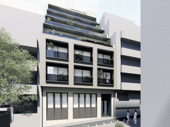 Contemporary Athens living space with stylish balconies and lush plants, located in the vibrant city.