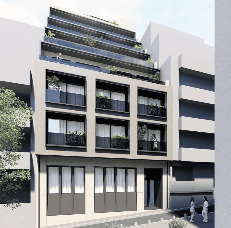 Contemporary Athens living space with stylish balconies and lush plants, located in the vibrant city.