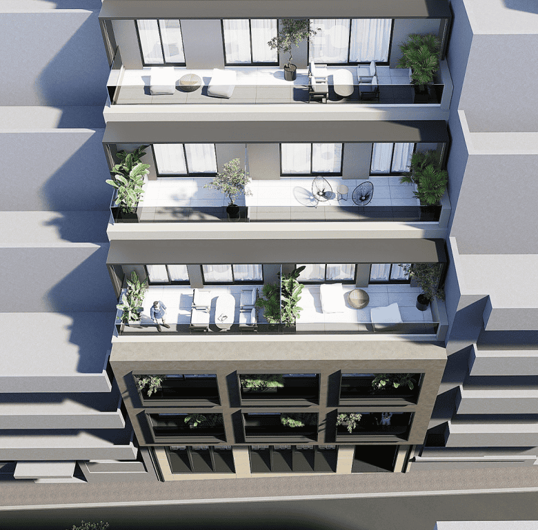 Balconies of a contemporary Athens apartment with outdoor seating and lush plants.