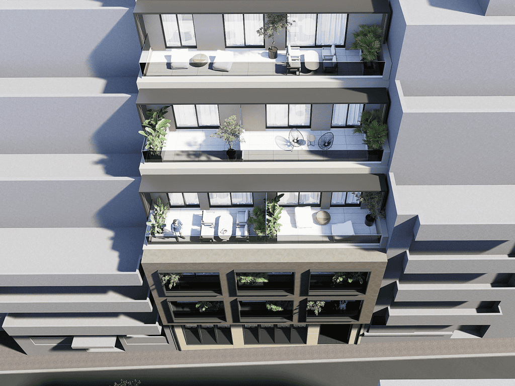 Balconies of a contemporary Athens apartment with outdoor seating and lush plants.