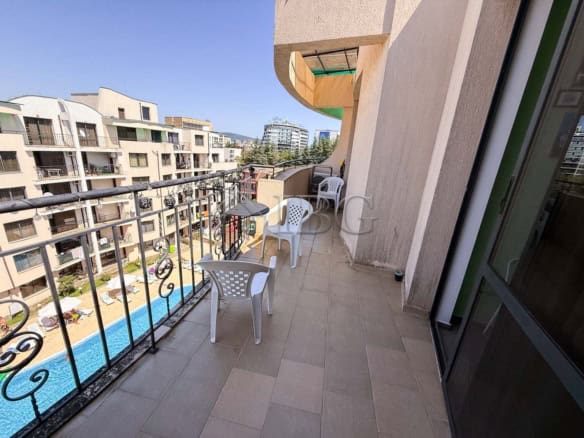 Balcony overlooking the pool at Avalon, Sunny Beach, perfect for relaxing and enjoying the sunny wea.