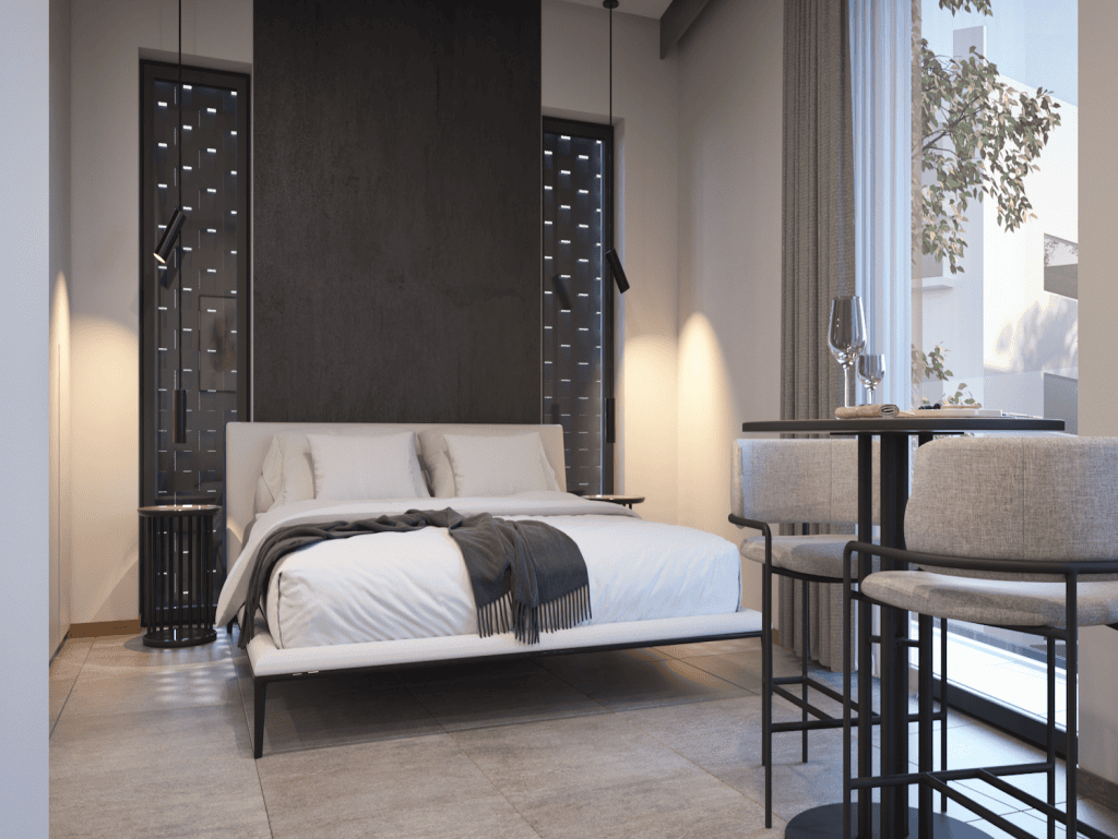 Stylish bedroom in Pagkrati, Athens, Greece with contemporary design and cozy ambiance.