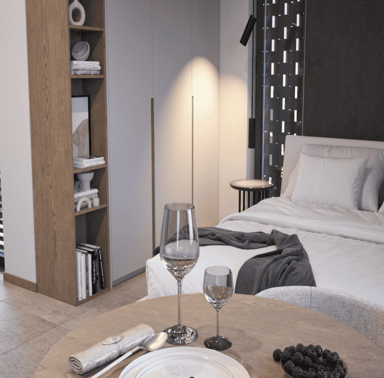 Modern bedroom with stylish decor in Pagkrati, Athens, Greece.