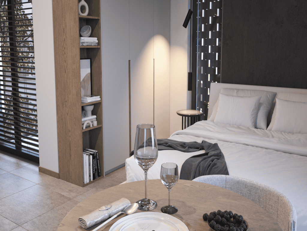 Modern bedroom with stylish decor in Pagkrati, Athens, Greece.