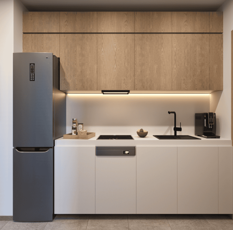 Modern kitchen with sleek white cabinets, wooden upper units, and contemporary appliances in Pagkrat.