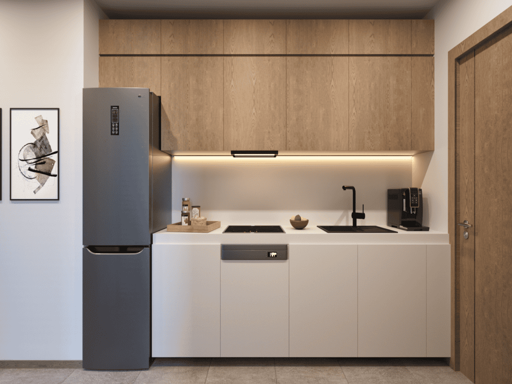 Modern kitchen with sleek white cabinets, wooden upper units, and contemporary appliances in Pagkrat.