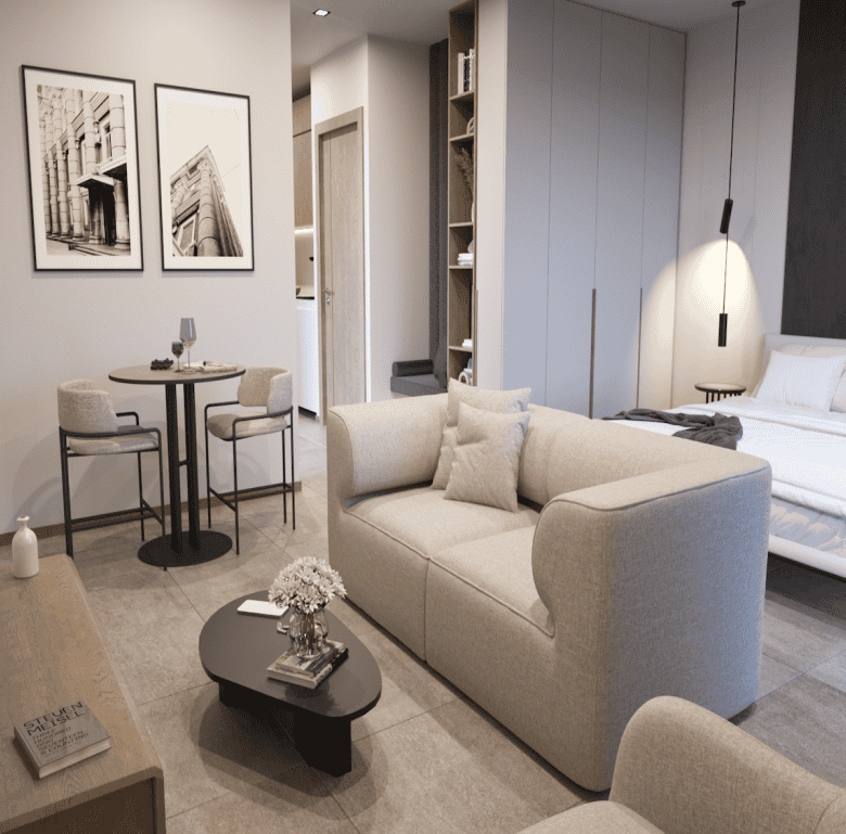 Spacious Athens apartment living room featuring contemporary furniture and elegant decor.