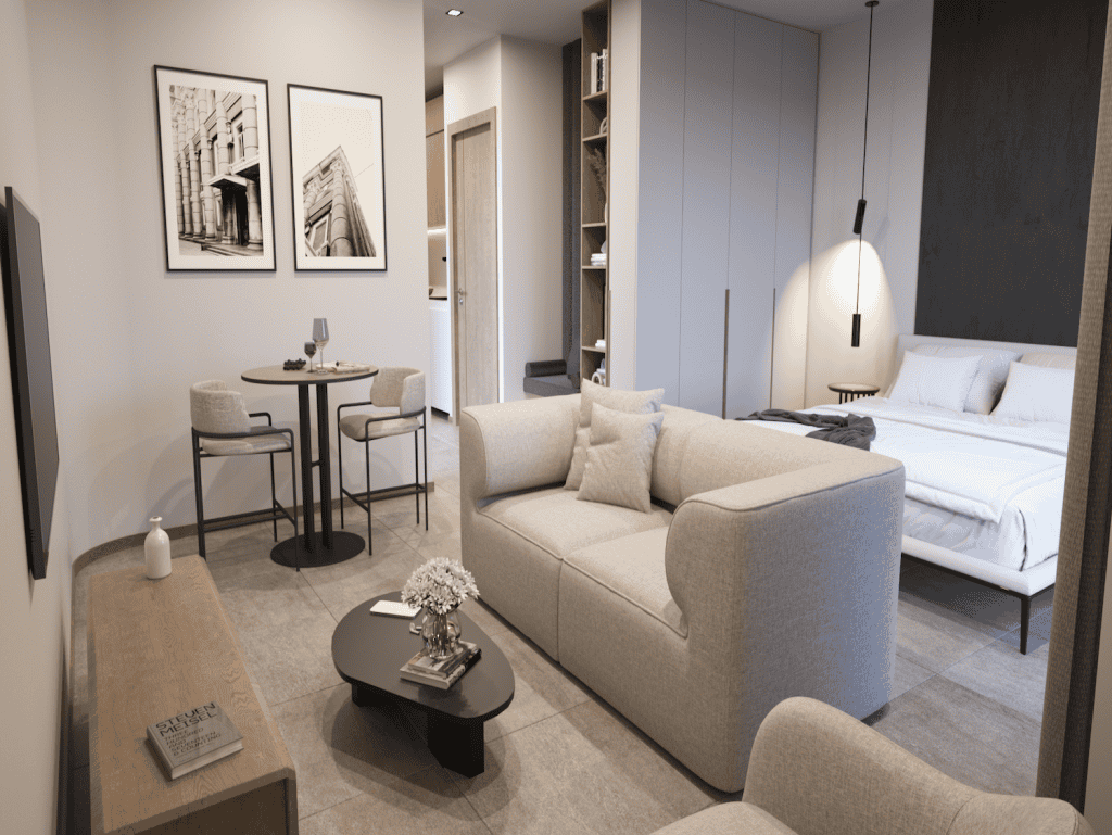 Spacious Athens apartment living room featuring contemporary furniture and elegant decor.