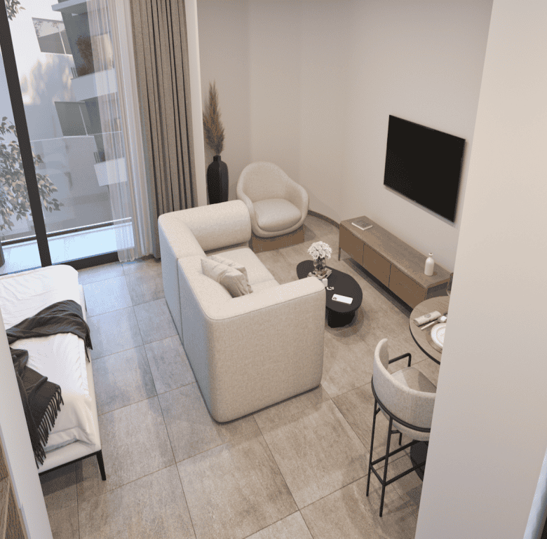 Cozy interior of a Pagkrati apartment with a comfortable sofa, TV, and stylish decor.