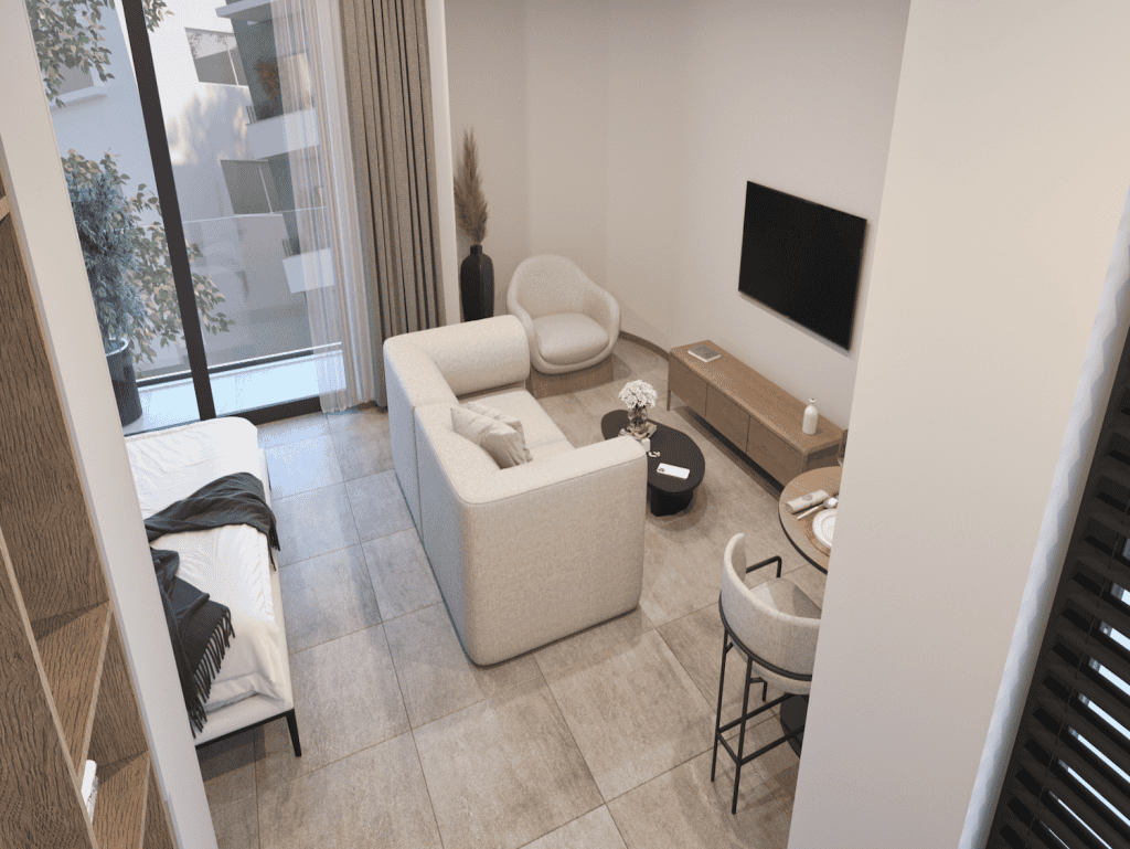 Cozy interior of a Pagkrati apartment with a comfortable sofa, TV, and stylish decor.
