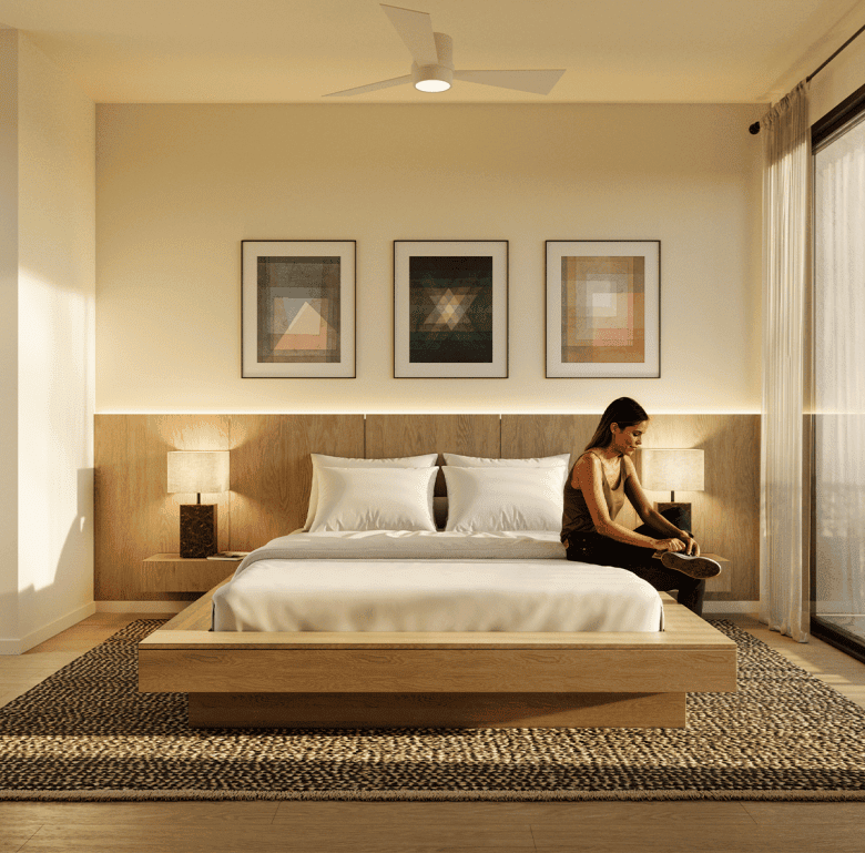 Bright and stylish bedroom in Nashville featuring modern decor, large windows, and a comfortable bed.