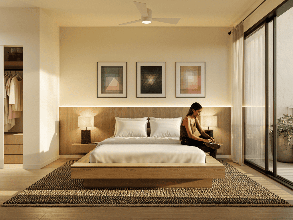 Bright and stylish bedroom in Nashville featuring modern decor, large windows, and a comfortable bed.