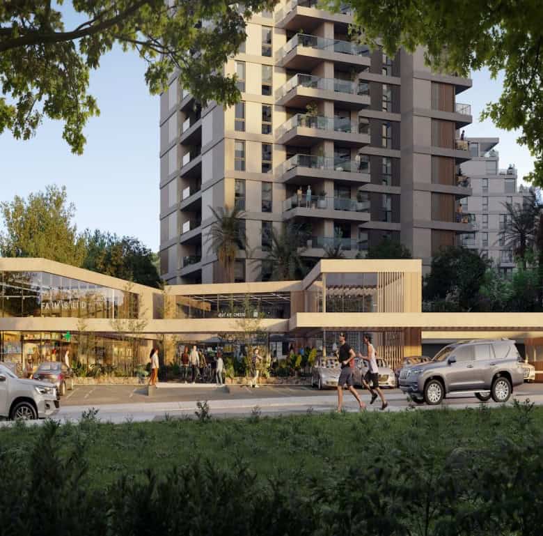 Contemporary apartment complex in Asuncion, Paraguay featuring retail outlets and lush surroundings.