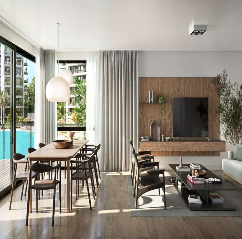 Stylish interior featuring a spacious living room with pool view and contemporary decor.