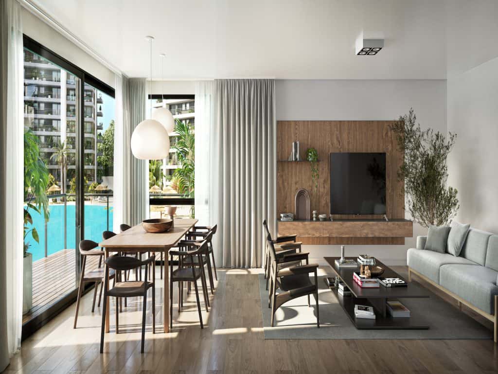 Stylish interior featuring a spacious living room with pool view and contemporary decor.