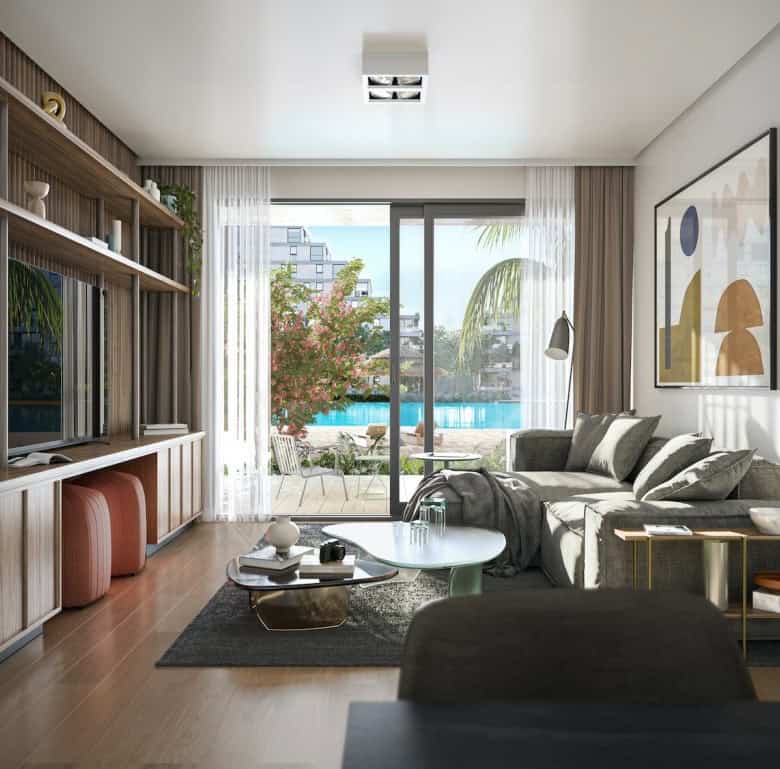 Stylish living room overlooking pool and garden in Asuncion, Paraguay.