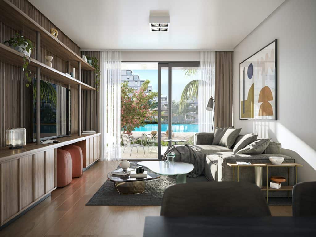 Stylish living room overlooking pool and garden in Asuncion, Paraguay.