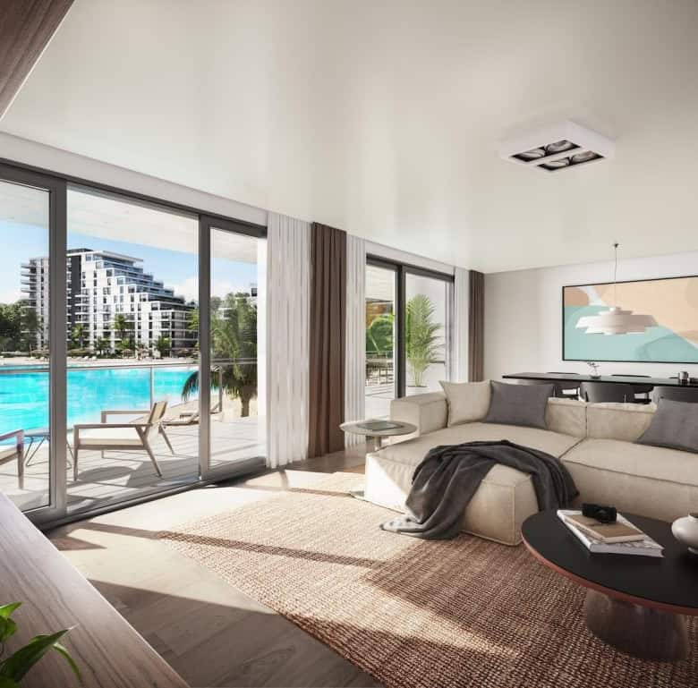 Luxury living room overlooking Crystal Lagoon in Asuncion, Paraguay, with modern decor and large gla.