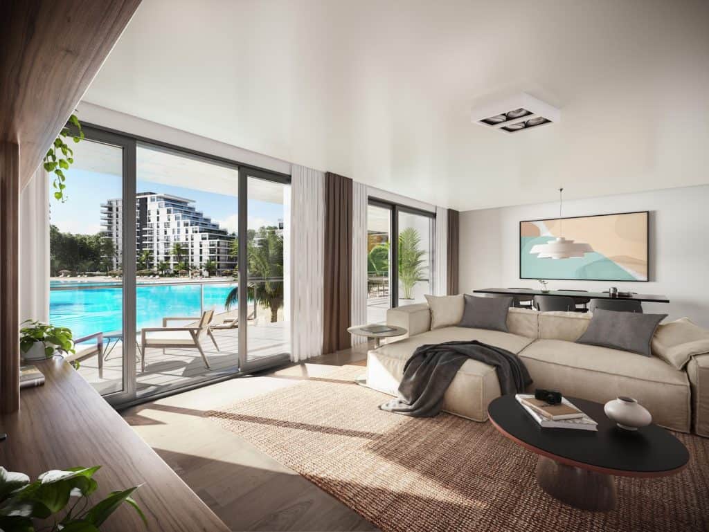 Luxury living room overlooking Crystal Lagoon in Asuncion, Paraguay, with modern decor and large gla.