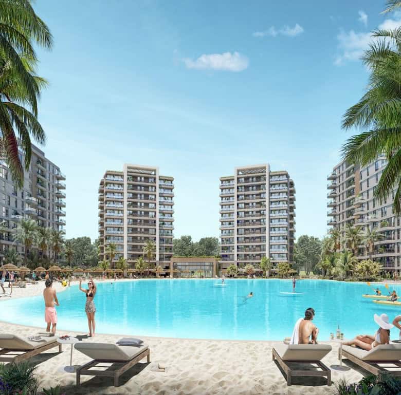 Beautiful view of the Crystal Lagoon in Asuncion, Paraguay, surrounded by modern high-rise apartment.