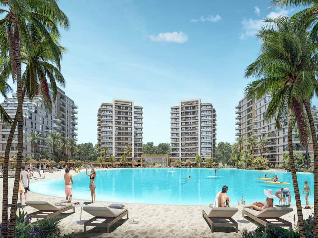 Beautiful view of the Crystal Lagoon in Asuncion, Paraguay, surrounded by modern high-rise apartment.