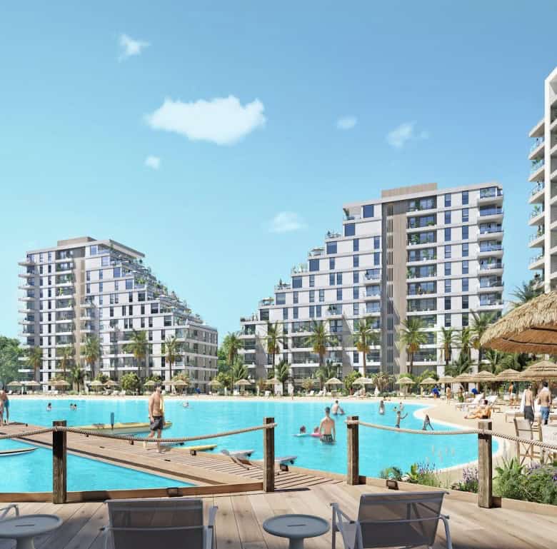 Beautiful resort with a large crystal-clear lagoon in Asuncion, Paraguay, featuring modern high-rise.