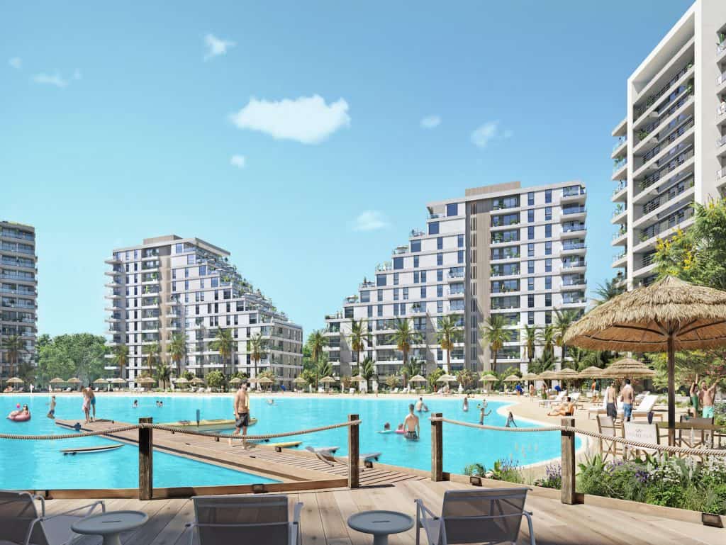 Beautiful resort with a large crystal-clear lagoon in Asuncion, Paraguay, featuring modern high-rise.