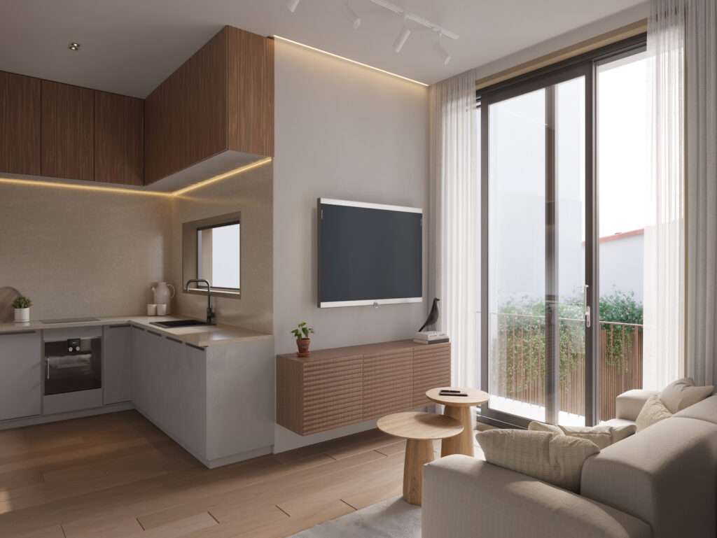 Bright interior of Mare - Peniche, Portugal, featuring a contemporary living room and open kitchen.