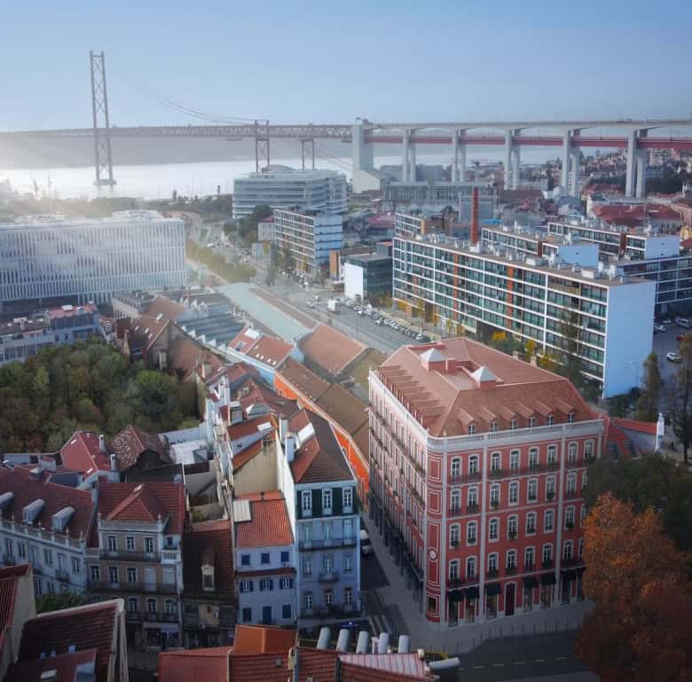 Historic Lisbon neighborhood with colorful buildings and narrow streets.