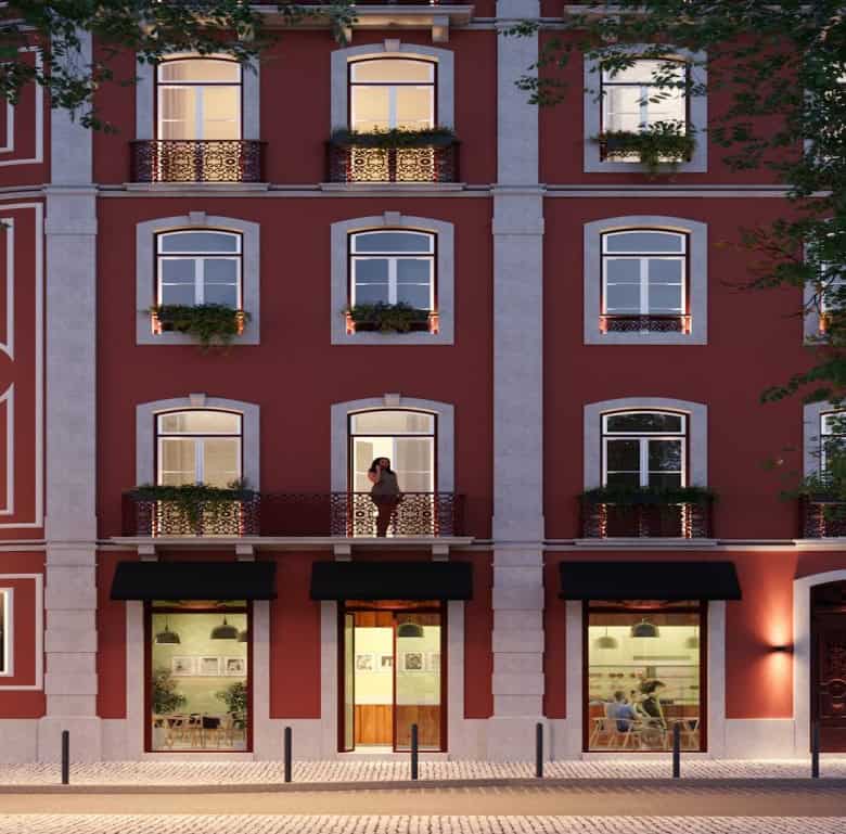 Historic Renaissance 1890 building in Lisbon, Portugal, with elegant architecture and charming stree.