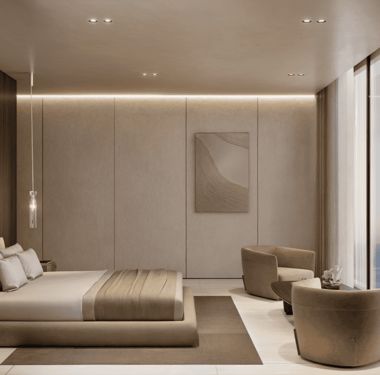 Luxurious ocean-view bedroom in Panama City, featuring modern decor and floor-to-ceiling windows wit.