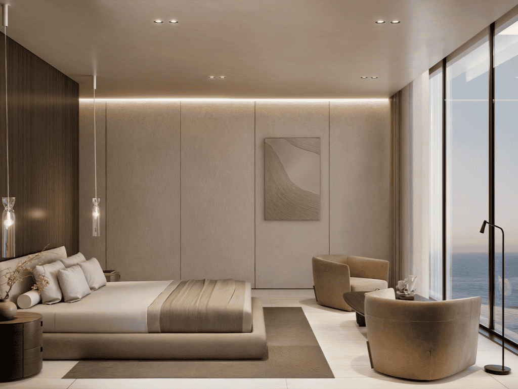 Luxurious ocean-view bedroom in Panama City, featuring modern decor and floor-to-ceiling windows wit.