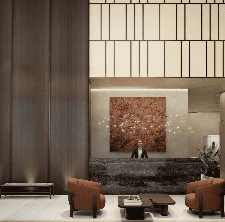 Modern hotel lobby with stylish decor and reception desk in Panama City.