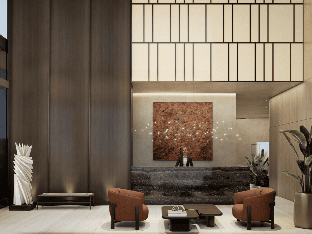 Modern hotel lobby with stylish decor and reception desk in Panama City.
