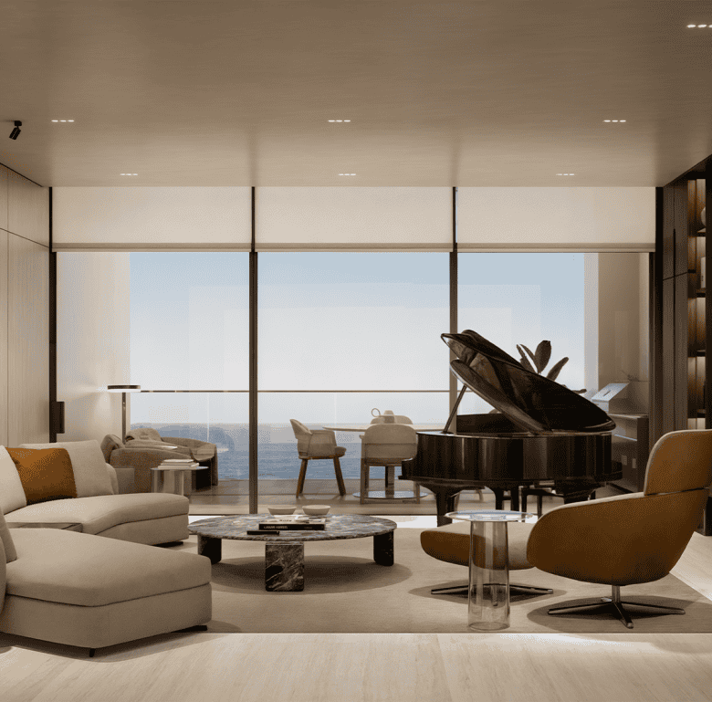Elegant living room with ocean views in Panama City, Panama. Modern furniture and panoramic windows.