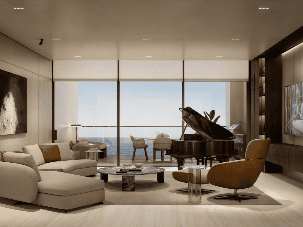 Elegant living room with ocean views in Panama City, Panama. Modern furniture and panoramic windows.