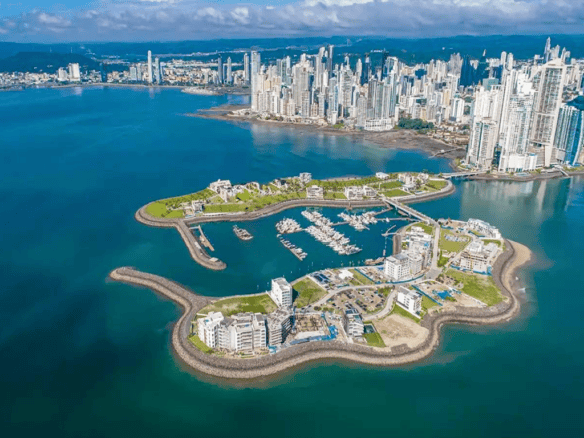 Aerial view of Ocean Reef, a luxury waterfront development in Panama City with modern buildings and.