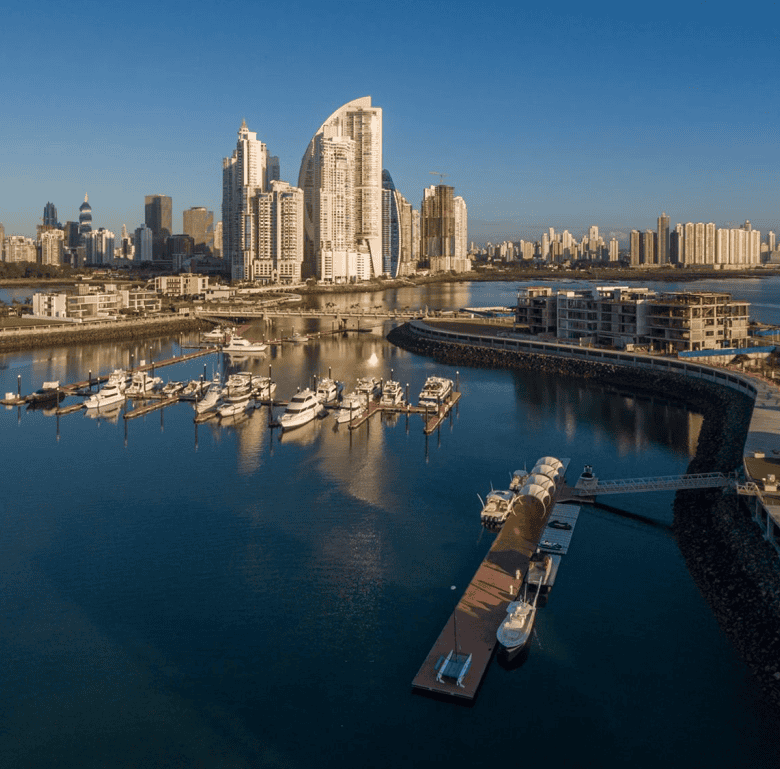 Ocean Reef Panama City skyline with marina and modern high-rise buildings.