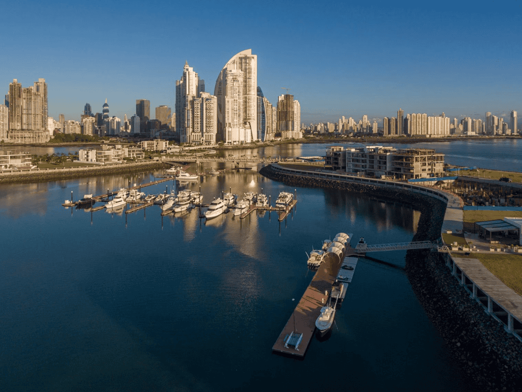 Ocean Reef Panama City skyline with marina and modern high-rise buildings.