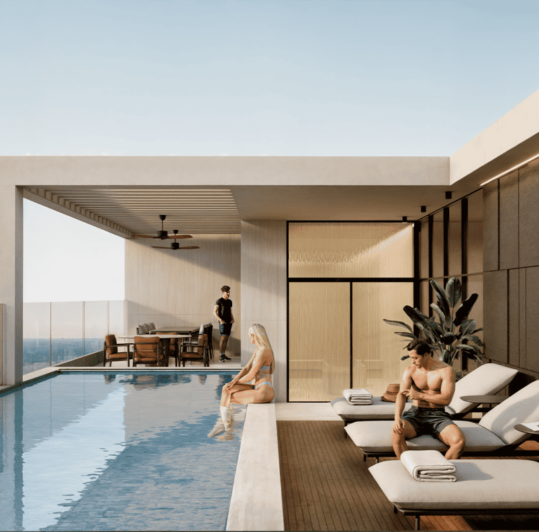 Luxury ocean view pool with seating area in Panama City, Panama.