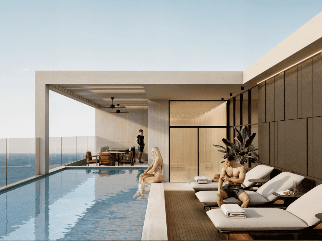 Luxury ocean view pool with seating area in Panama City, Panama.