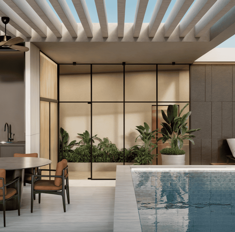 Poolside view at Ocean Reef, Panama City, showcasing modern outdoor living space.