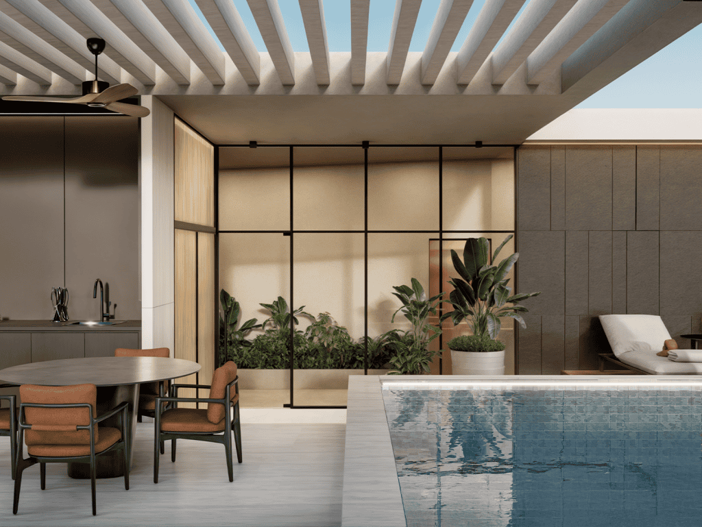 Poolside view at Ocean Reef, Panama City, showcasing modern outdoor living space.