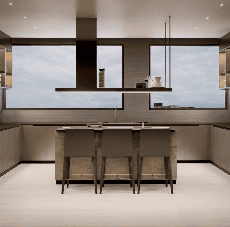 Modern kitchen with panoramic city views in Ocean Reef, Panama City.