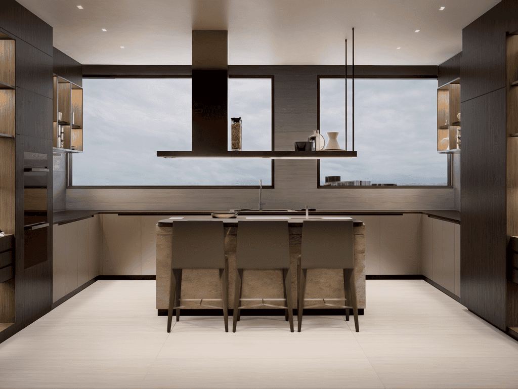 Modern kitchen with panoramic city views in Ocean Reef, Panama City.