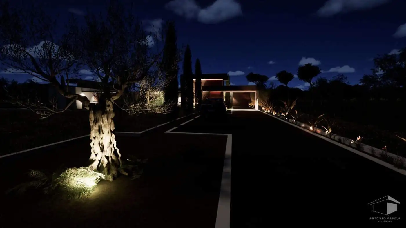 Night view of stunning 3-bed Casa Aventurosos villa in Setubal, Portugal.
